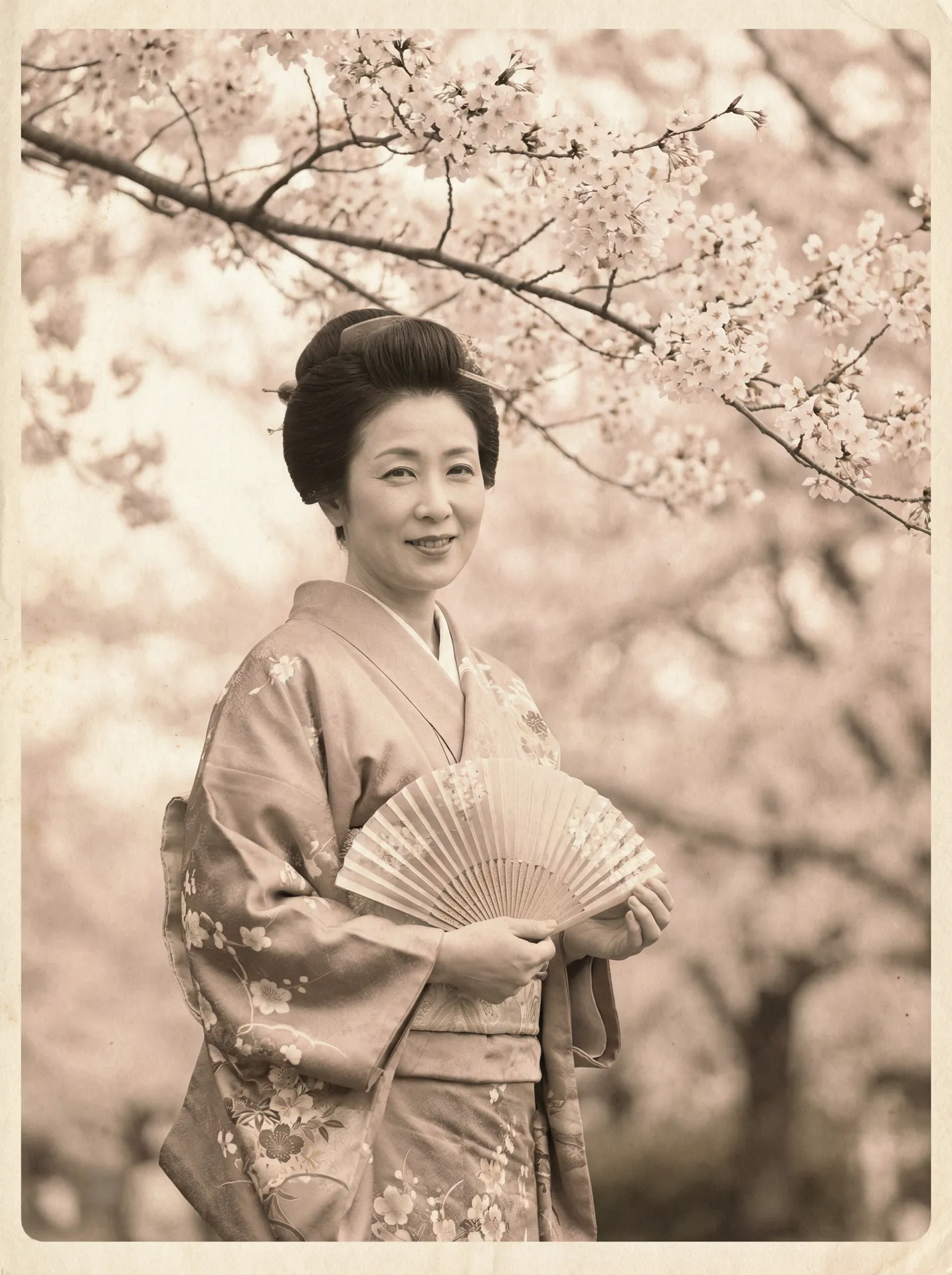 一位持扇的优雅 秀人网 在樱花树下的复古写真